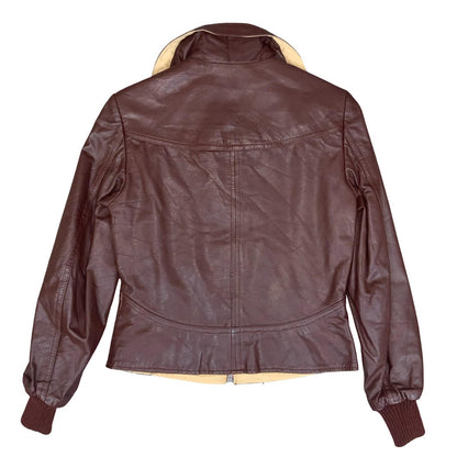 VTG 70s 80s SLIT END LTD BURGUNDY CREAM REVERSIBLE CROPPED LEATHER JACKET SMALL