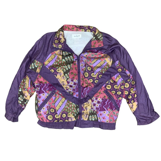 80s 'RAFAEL' COLOURFUL PURPLE GEOMETRIC RETRO WINDBREAKER SHELL JACKET  XL
