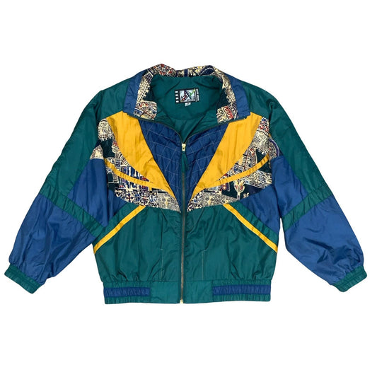 VTG 80s 'RIVER EDGE' YELLOW TEAL GREEN GEOMETRIC PATCHWORK WINDBREAKER JACKET XL