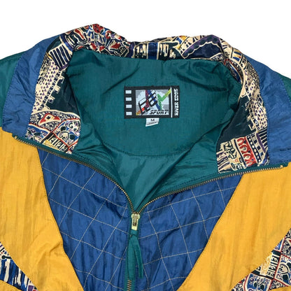 VTG 80s 'RIVER EDGE' YELLOW TEAL GREEN GEOMETRIC PATCHWORK WINDBREAKER JACKET XL