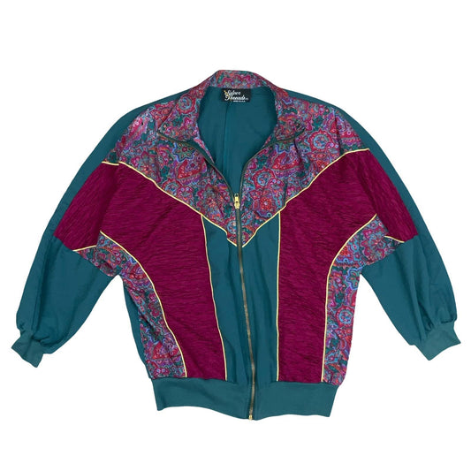 VTG 80s 90s 'SILVER THREADS' TEAL GREEN PINK FLORAL WINDBREAKER JACKET LARGE