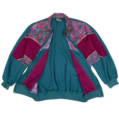 VTG 80s 90s 'SILVER THREADS' TEAL GREEN PINK FLORAL WINDBREAKER JACKET LARGE