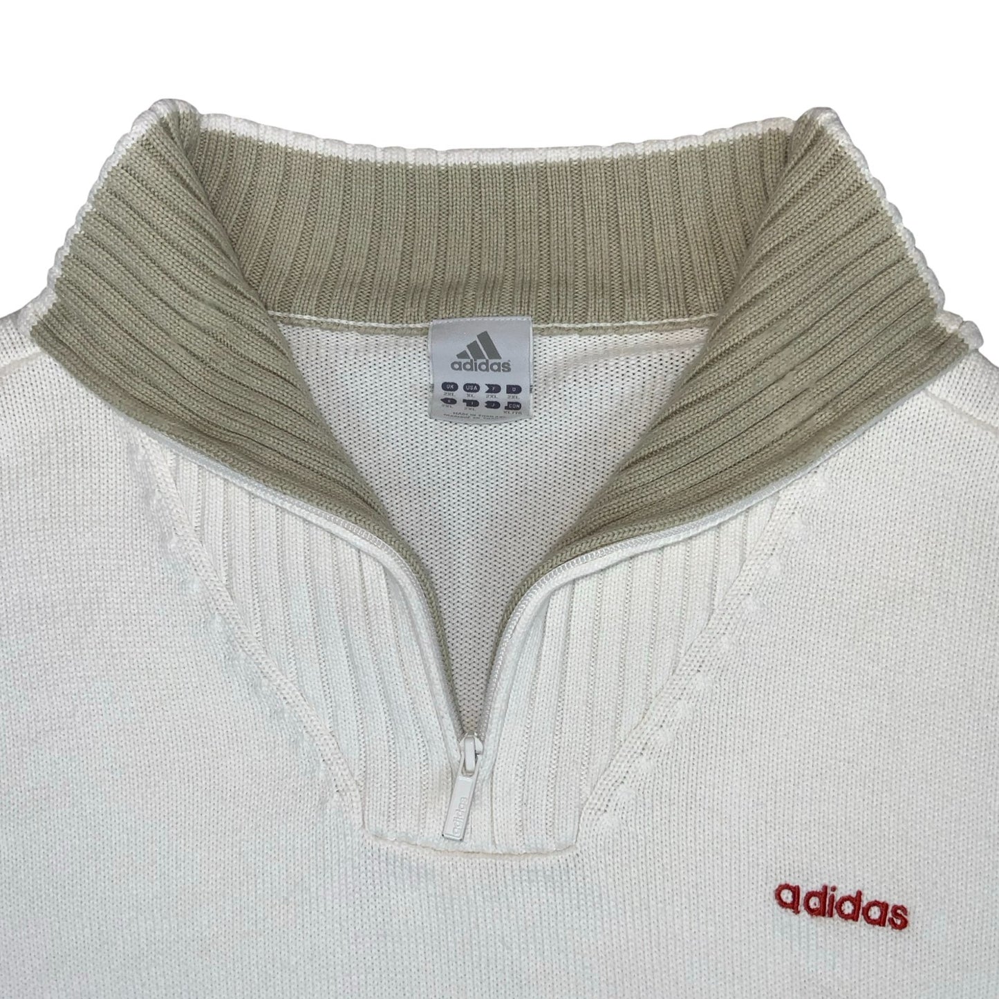 VTG 'ADIDAS' WHITE BEIGE RIBBED 1/4 ZIP NECK KNIT PULLOVER CASUAL SWEATSHIRT 2XL