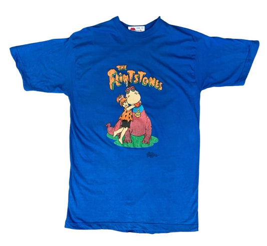 VTG 90s GENUINE THE FLINTSTONES CARTOON T SHIRT DINO & PEBBLES BLUE M