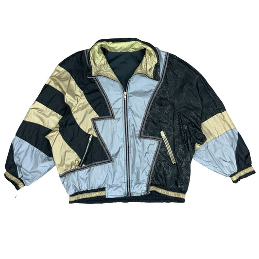 VTG 80s 90s 'GALLERY SPORT' GOLD BLACK BLUE COLOUR BLOCK SHELL JACKET 2XL