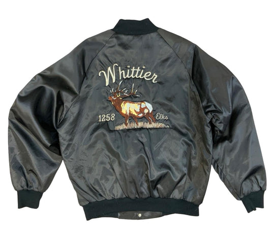 VTG USA 80s WHITIER ELKS  CLUB LODGE CA SILKY COACH VARSITY JACKET FRAT MASONS L