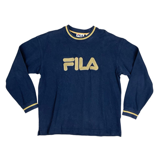 Y2K Fila Retro Navy Embroidered Spell-Out Crewneck Sweater Jumper Large