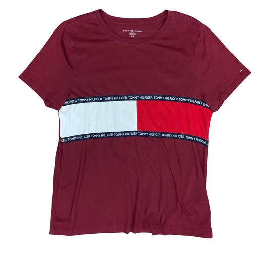 00s 'TOMMY HILFIGER' BURGUNDY RED LOGO SHORT SLEEVE CASUAL SPORT T-SHIRT S M