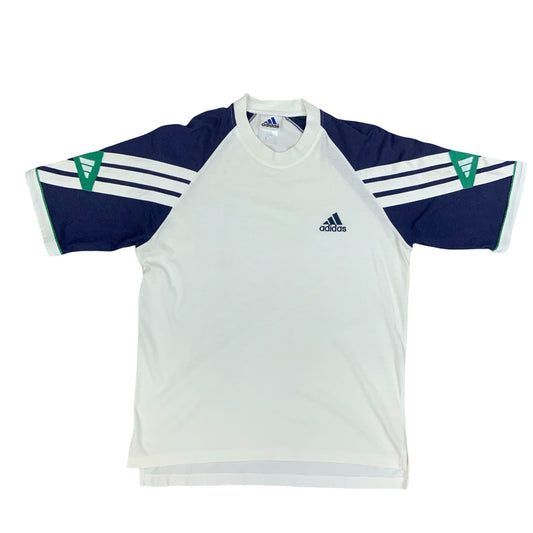 Vintage 1990s Adidas White Green Blue Colour Block Football Template T-Shirt M