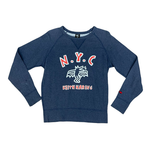Keith Haring N.Y.C Printed Graphic Art Denim Blue Sweatshirt Spellout Logo Small