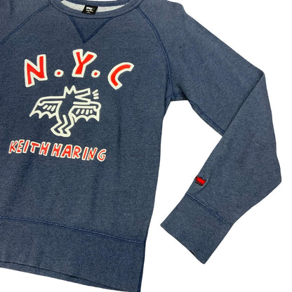 Keith Haring N.Y.C Printed Graphic Art Denim Blue Sweatshirt Spellout Logo Small