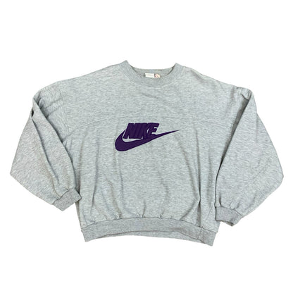 Vintage 1990s Nike Grey Sweater Crewneck Jumper Embroidered Spell-Out Logo Large