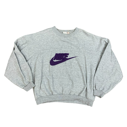 Vintage 1990s Nike Grey Sweater Crewneck Jumper Embroidered Spell-Out Logo Large