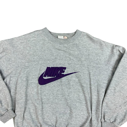 Vintage 1990s Nike Grey Sweater Crewneck Jumper Embroidered Spell-Out Logo Large
