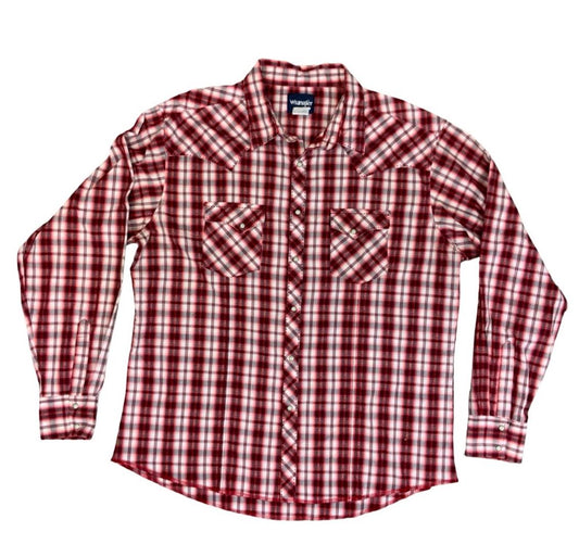 VTG 90s WRANGLER RED SHADOW PLAID OVERSIZE STITCH PEARL SNAP WESTERN SHIRT XXL