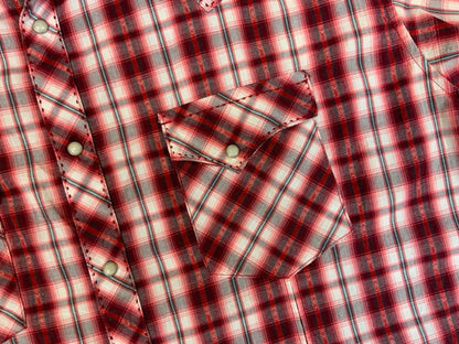 VTG 90s WRANGLER RED SHADOW PLAID OVERSIZE STITCH PEARL SNAP WESTERN SHIRT XXL