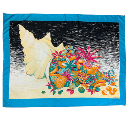 VTG 90s FIAMMETTA BLUE SEASHELL FLORAL GRAPHIC BEACH COVER-UP LARGE SCARF SHAWL
