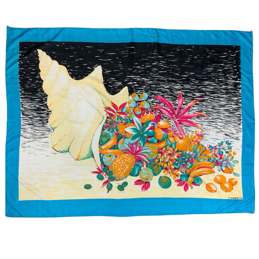 VTG 90s FIAMMETTA BLUE SEASHELL FLORAL GRAPHIC BEACH COVER-UP LARGE SCARF SHAWL