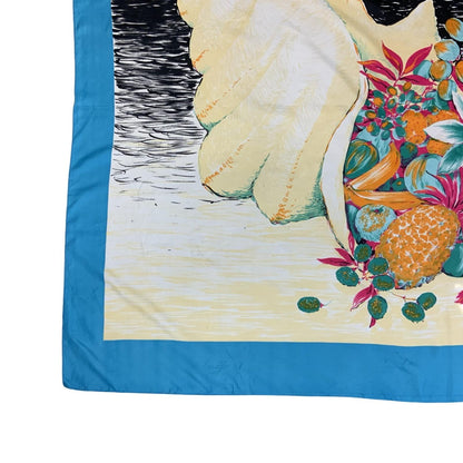 VTG 90s FIAMMETTA BLUE SEASHELL FLORAL GRAPHIC BEACH COVER-UP LARGE SCARF SHAWL