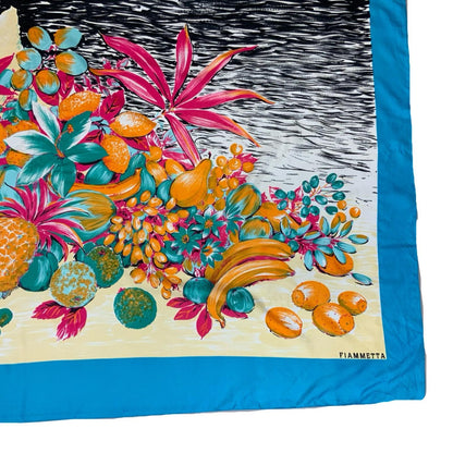 VTG 90s FIAMMETTA BLUE SEASHELL FLORAL GRAPHIC BEACH COVER-UP LARGE SCARF SHAWL