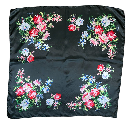 VTG 90s BLACK RED BLUE FLORAL PATTERNED HAND-STITCHED HAND-ROLLED SILK SCARF