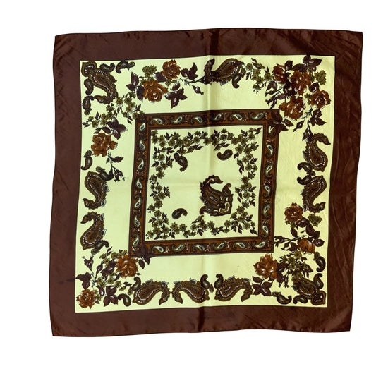 VTG BROWN BEIGE PAISLEY PATTERNED FLORAL BANDANA SQUARE SCARF