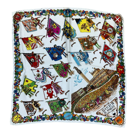 VTG WHITE MULTI-COLOURED SIENA ITALY PALIO DI SIENA HORSE RACE SOUVENIR SCARF
