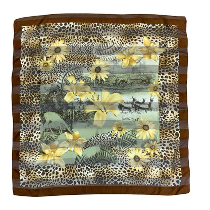 VTG MONACO MONTE CARLO FLORAL LEOPARD BROWN GOLD LARGE SQUARE ITALIAN SCARF
