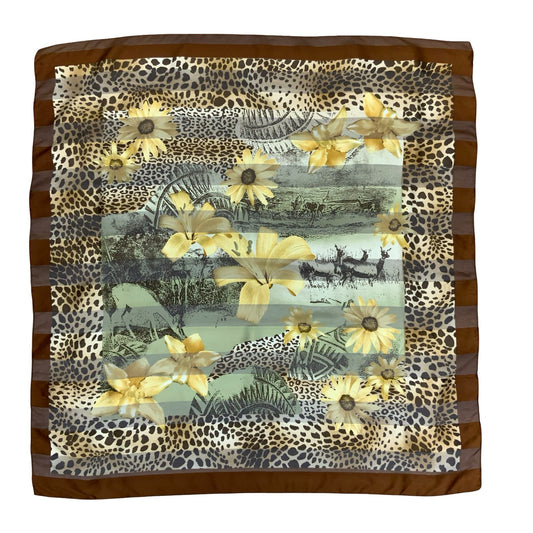 VTG MONACO MONTE CARLO FLORAL LEOPARD BROWN GOLD LARGE SQUARE ITALIAN SCARF