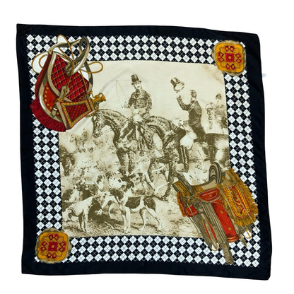 VTG BLACK & WHITE HORSE HUNT TRADITIONAL ARGYLE SADDLE-BACK SQUARE SCARF