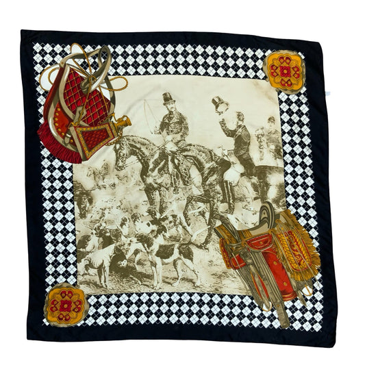 VTG BLACK & WHITE HORSE HUNT TRADITIONAL ARGYLE SADDLE-BACK SQUARE SCARF