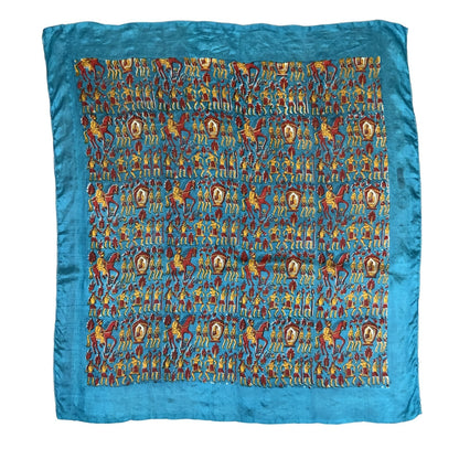 VIBRANT TRADITIONAL INDIAN WARRIOR RELIGIOUS TEAL GOLD SILK SQUARE SCARF
