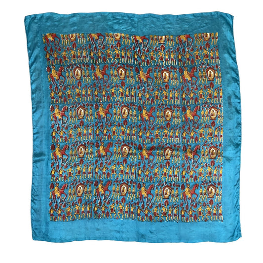 VIBRANT TRADITIONAL INDIAN WARRIOR RELIGIOUS TEAL GOLD SILK SQUARE SCARF
