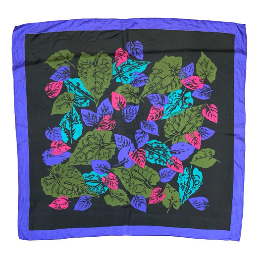 VTG BLACK PURPLE GREENN PINK BOTANICAL COLOURFUL GRAPHIC LEAF SQUARE SCARF