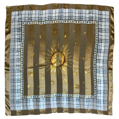 VTG y2k BROWN GOLD SUN MOON CELESTIAL STRIPED TARTAN HIPPIE SQUARE SCARF