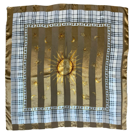 VTG y2k BROWN GOLD SUN MOON CELESTIAL STRIPED TARTAN HIPPIE SQUARE SCARF