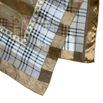 VTG y2k BROWN GOLD SUN MOON CELESTIAL STRIPED TARTAN HIPPIE SQUARE SCARF