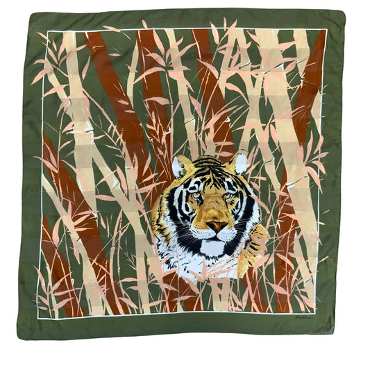 VTG 1980s 'GIM RENOIR' AMAZING GREEN BROWN BEIGE TIGER FACE SILK SQUARE SCARF