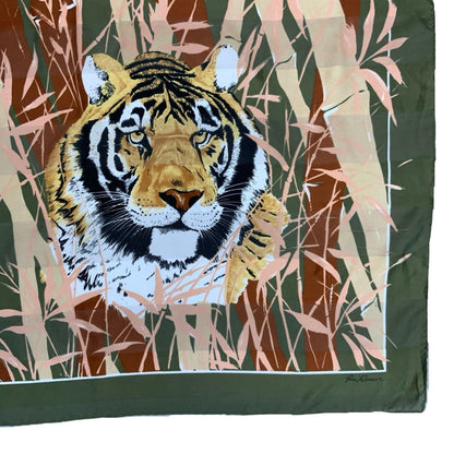 VTG 1980s 'GIM RENOIR' AMAZING GREEN BROWN BEIGE TIGER FACE SILK SQUARE SCARF