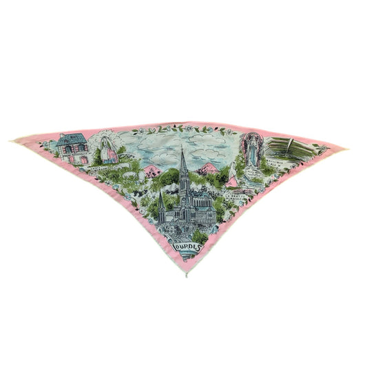 VTG PINK BLUE SOUVENIR 'SANCTUARY OF OUR LADY OF LOURDES IN FRANCE' SCARF