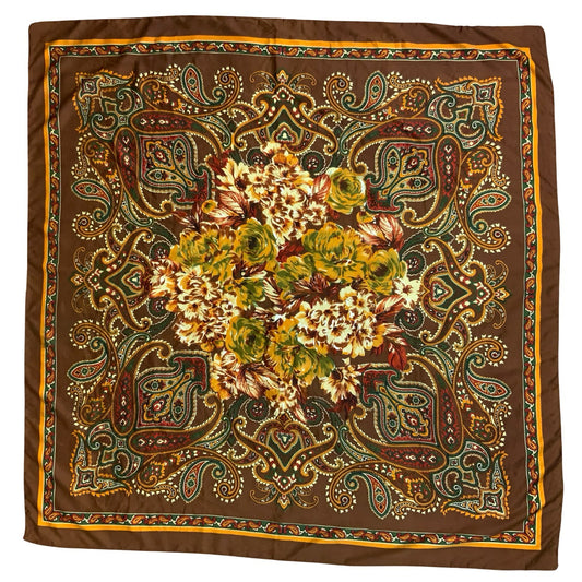 VTG 80s BROWN YELLOW RED GREEN FLORAL PAISLEY AUTUMNAL PATTERN SQUARE SCARF