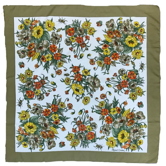 VTG 'MICHEL DELABY' BROWN YELLOW ORANGE BOTANICAL FLORAL SQUARE SCARF