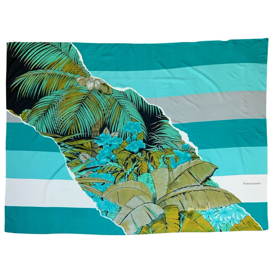 VTG 'FRANCO LAURENTI' BLUE TROPICAL FLORAL BOTANICAL STRIPED LARGE SARONG SCARF