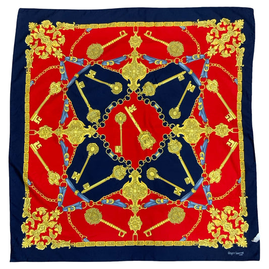 VTG 90s 'ROGER LAURENT' PARIS RED BLUE GOLD KEY CHAINS ROYAL DESIGN SQUARE SCARF