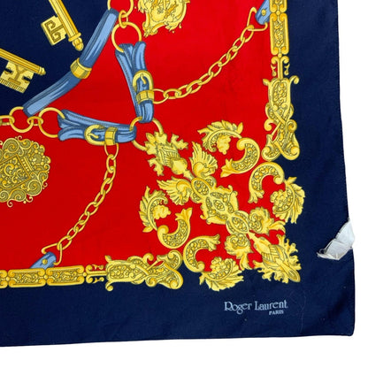 VTG 90s 'ROGER LAURENT' PARIS RED BLUE GOLD KEY CHAINS ROYAL DESIGN SQUARE SCARF
