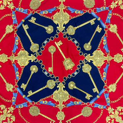 VTG 90s 'ROGER LAURENT' PARIS RED BLUE GOLD KEY CHAINS ROYAL DESIGN SQUARE SCARF