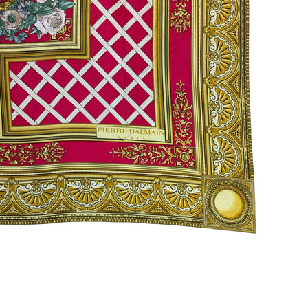 VTG 'PIERRE BALMAIN' PARIS GOLD RED REGAL INTRICATE SILK ELEGANT SQUARE SCARF