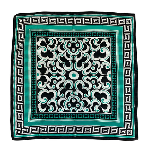 VTG TEAL GREEN WHITE BLACK INTRICATE DESIGN GREEK KEY MEANDER SQUARE SCARF