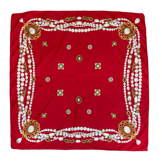 VTG 'AVON' RED WHITE GOLD PEAL JEWELLERY PATTERN ITALY ROMANTIC SQUARE SCARF