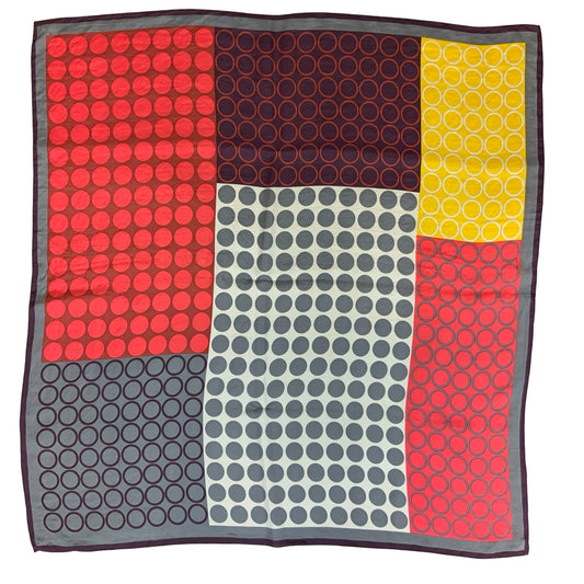VTG RED GREY YELLOW POLKA-DOT GEOMETRIC PATCHWORK-LIKE SQUARE SCARF